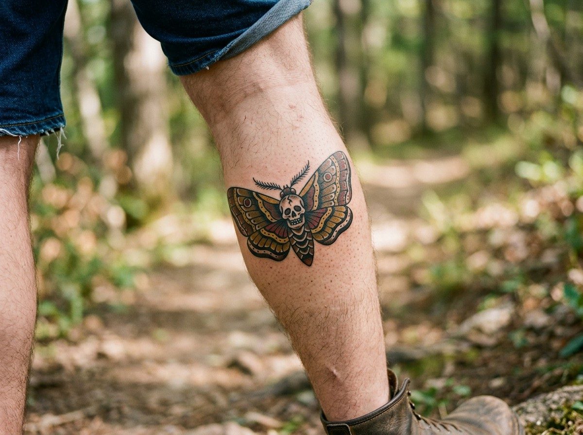 Moth tattoo: traditional moth on the lower leg (human calf muscle)