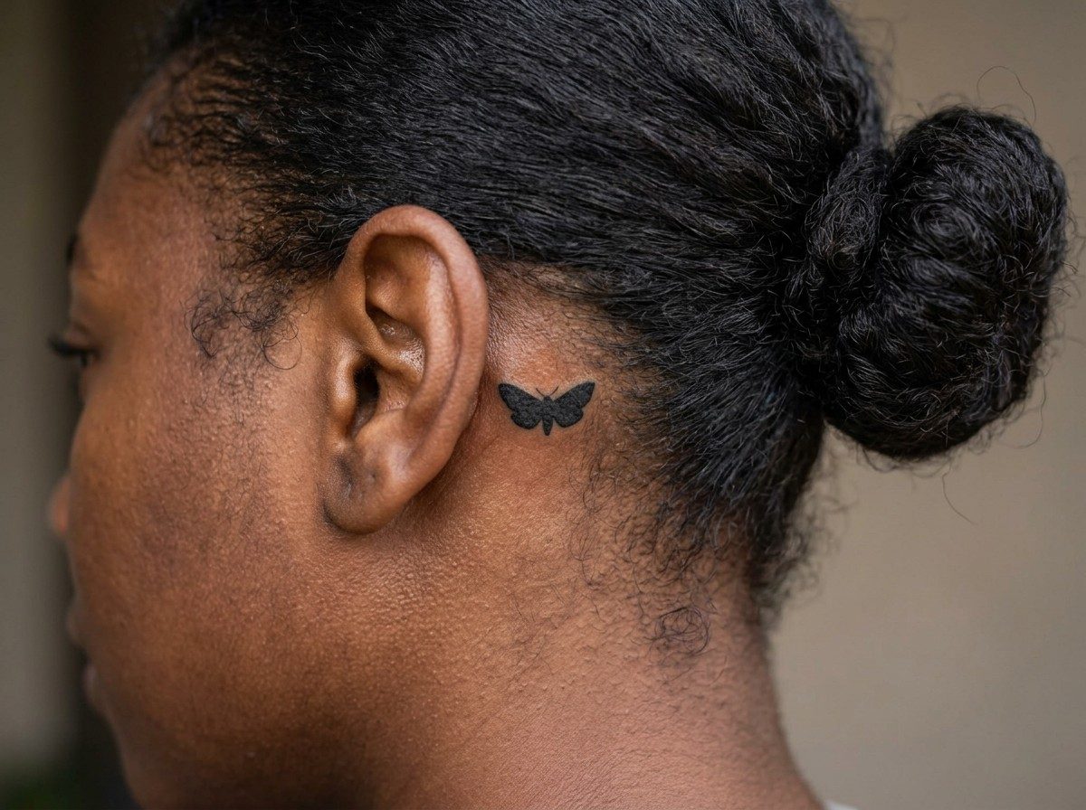 Moth tattoo: tiny moth behind the ear