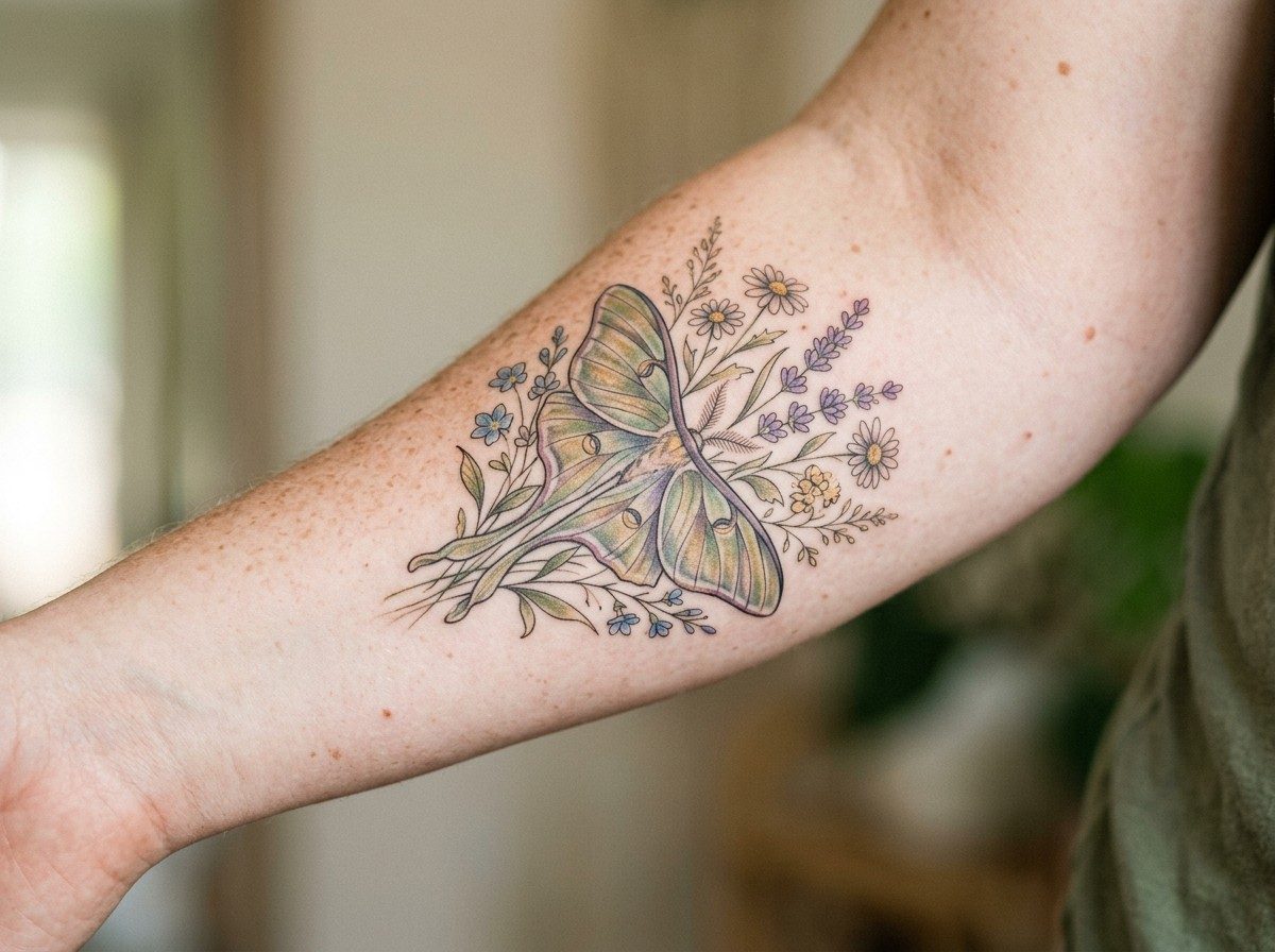 Moth tattoo: moth with flowers on the outer forearm