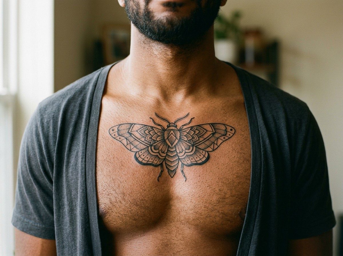 Moth tattoo: geometric moth on the upper chest