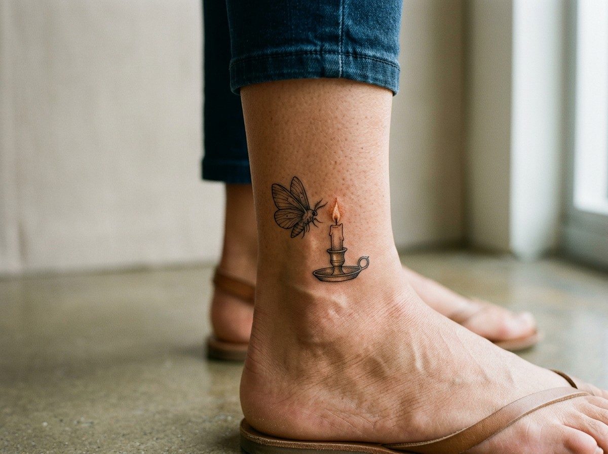 Moth tattoo: moth and flame on the ankle