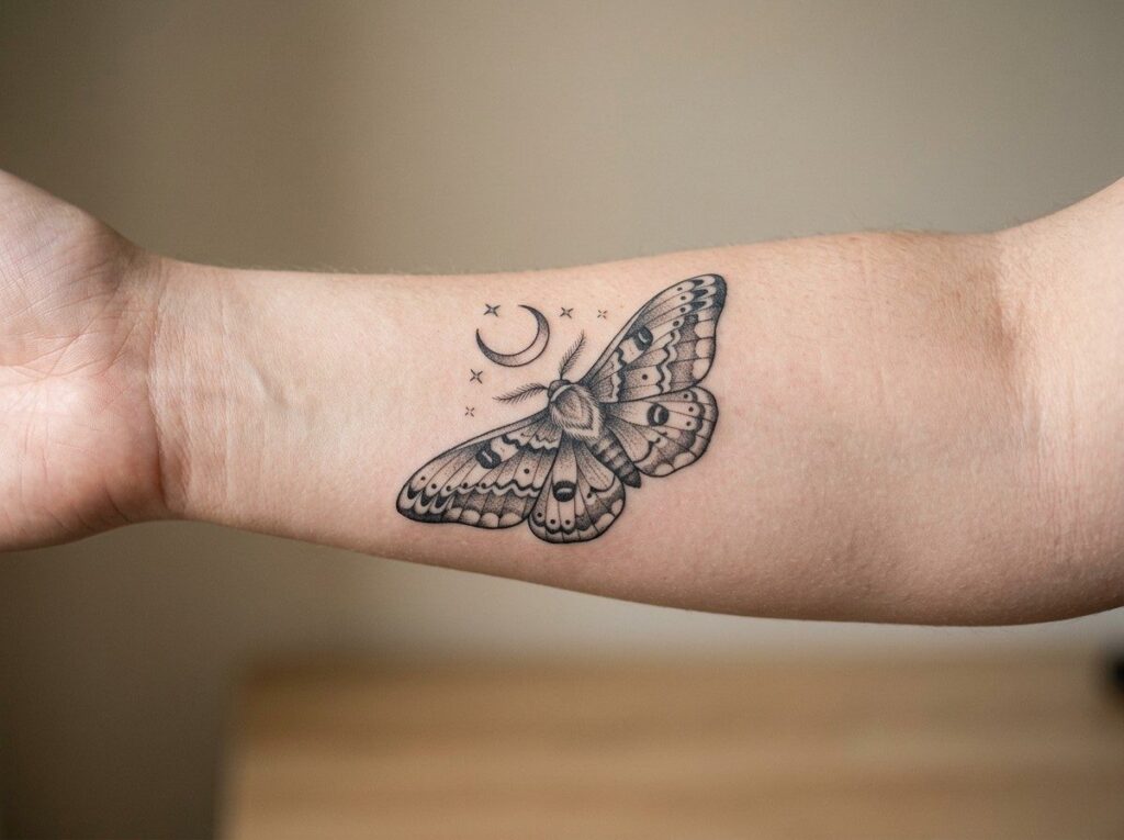 Moth tattoo: black and grey moth under a crescent moon on the inner forearm