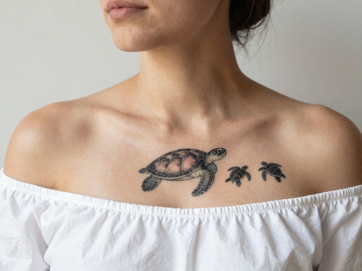 One large sea turtle followed by two little baby turtles tattoo on the collarbone
