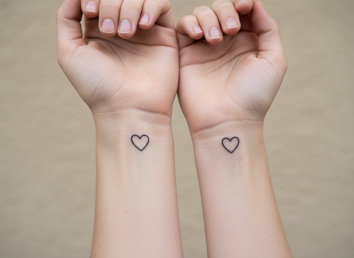 Mother daughter tattoos: matching small hearts on the inner wrists side by side