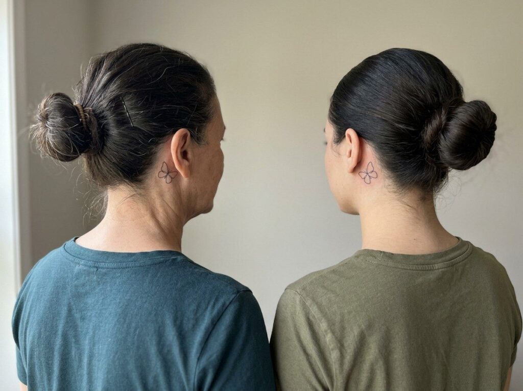 Mother daughter tattoos: matching butterflies behind the ears