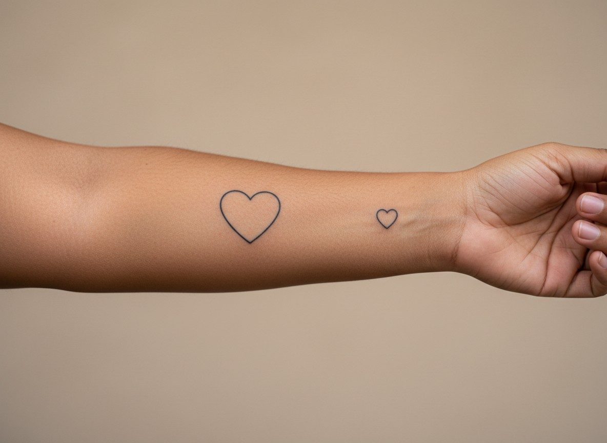 Mother daughter tattoos: big heart and little heart on the inner forearms side by side
