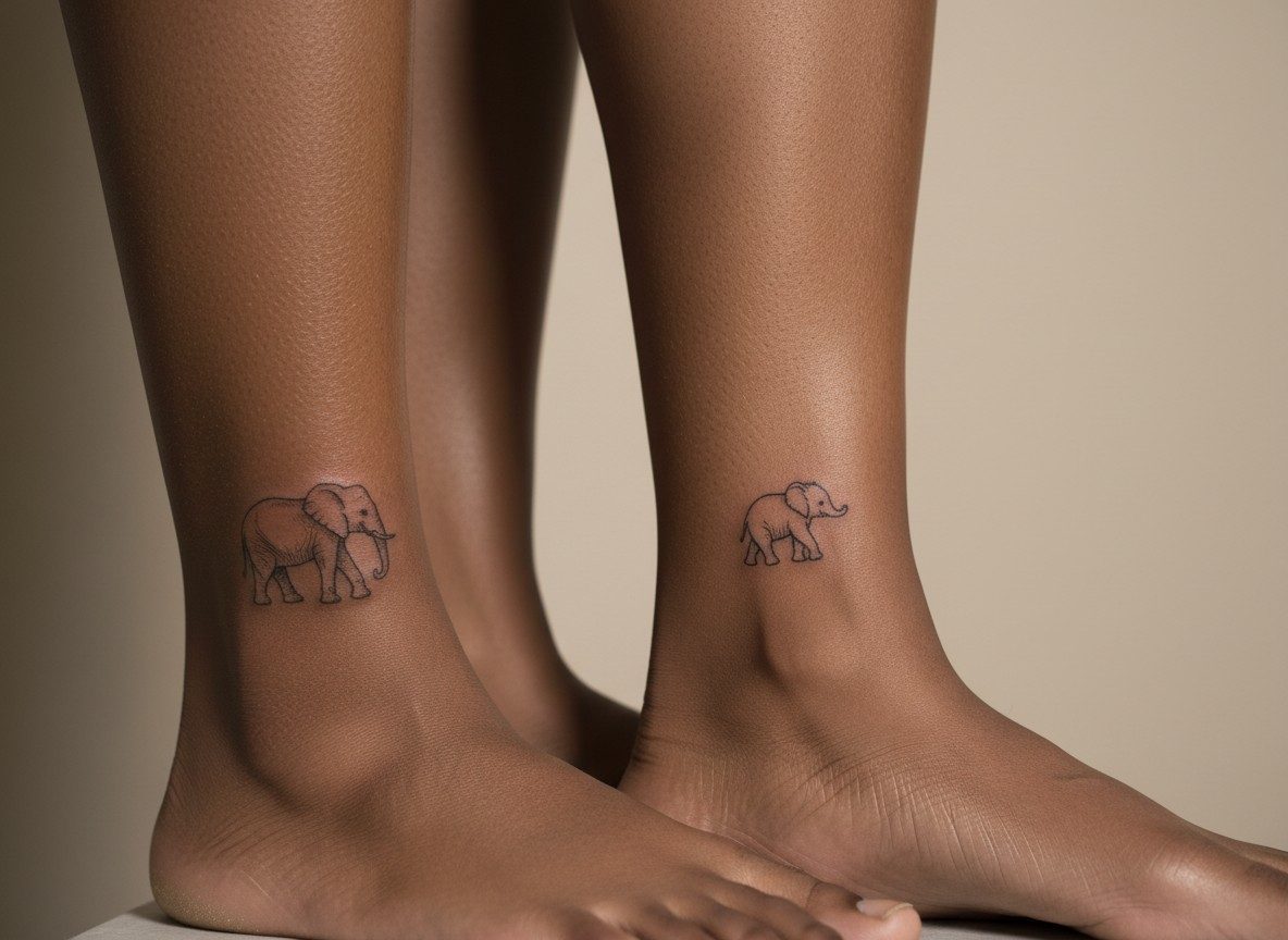 Mother daughter tattoos: mother and baby elephant on the ankles side by side