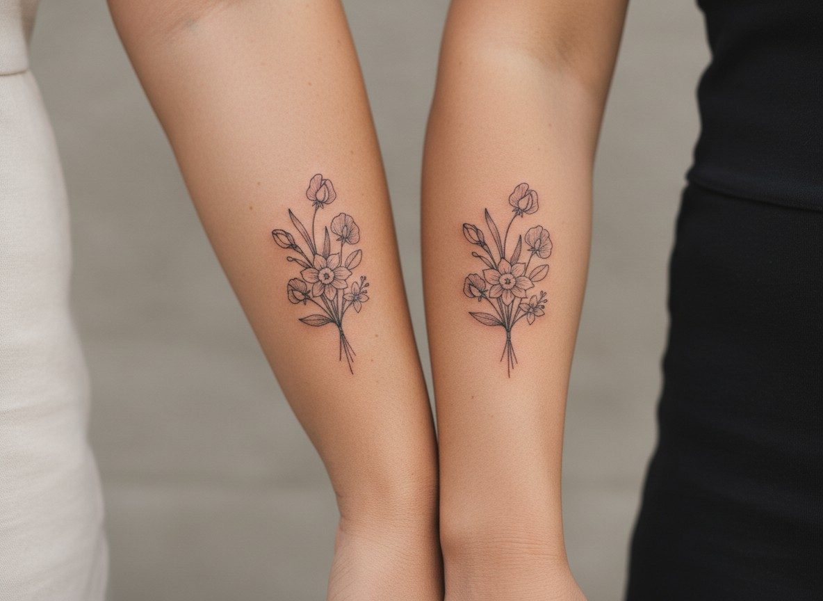 Mother daughter tattoos: birth flowers on the outer forearms side by side