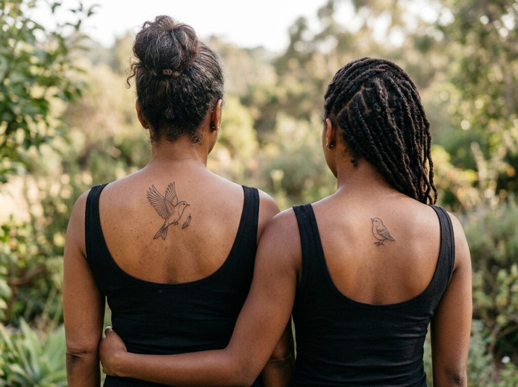 Mother daughter tattoos: mama bird and baby bird on the shoulder blades