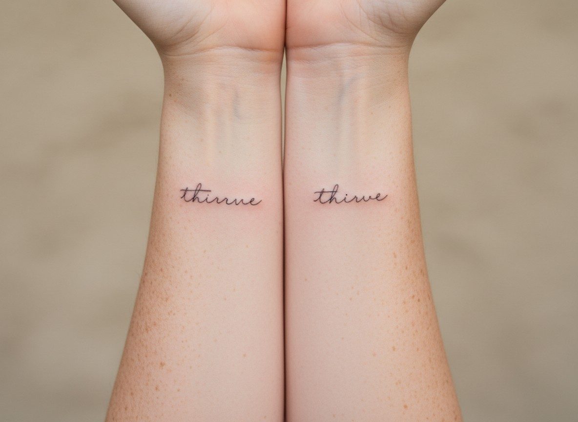 Mother daughter tattoos: handwritten word on the inner forearms side by side