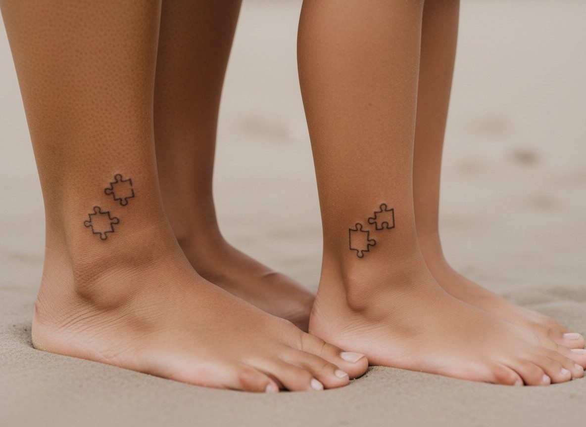 Mother daughter tattoos: puzzle pieces on the ankles side by side