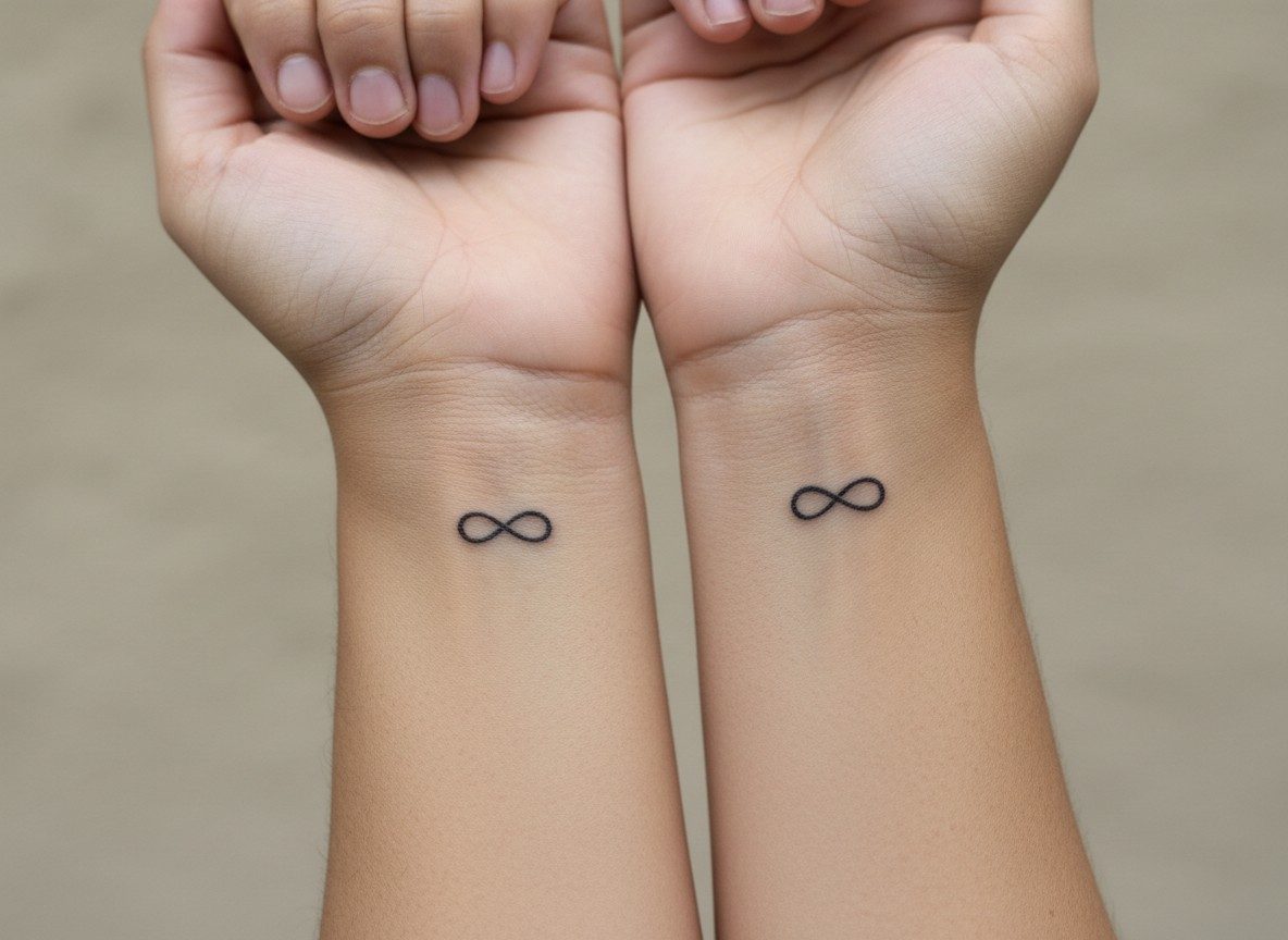 Mother daughter tattoos: infinity symbol on the inner wrists side by side
