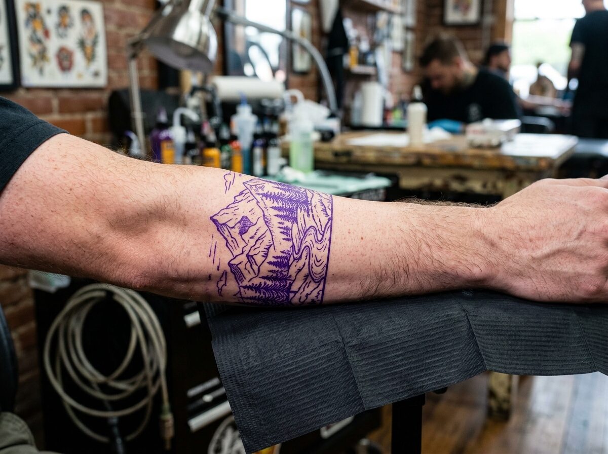 Mountain and forest band tattoo stencil around a man's forearm
