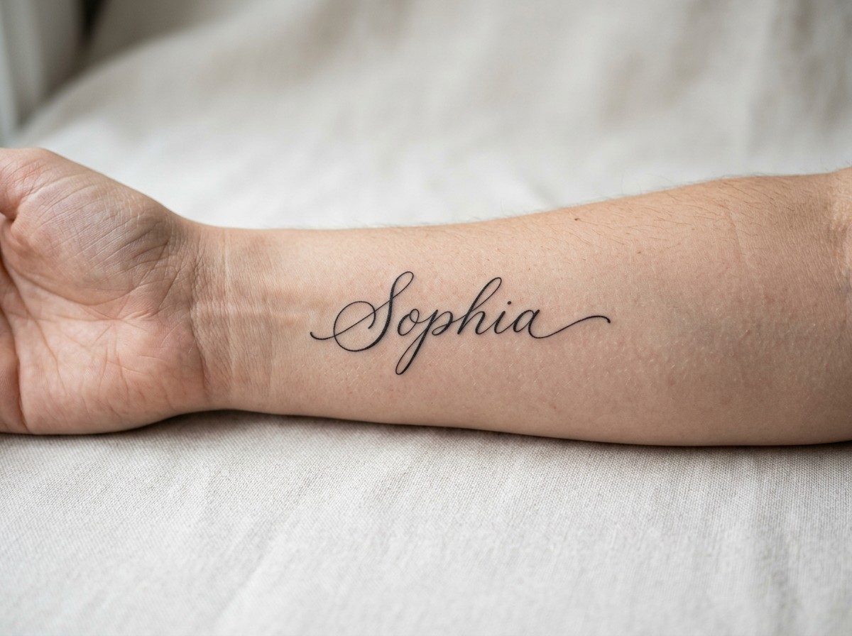 Name tattoo: elegant script name on the inner forearm