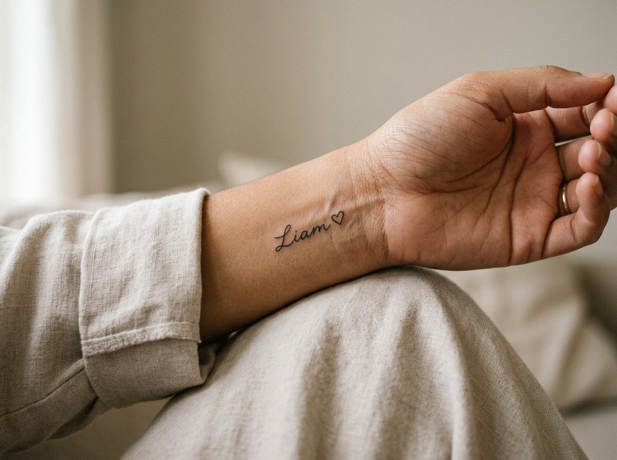 Name tattoo: name with a small heart on the inner wrist