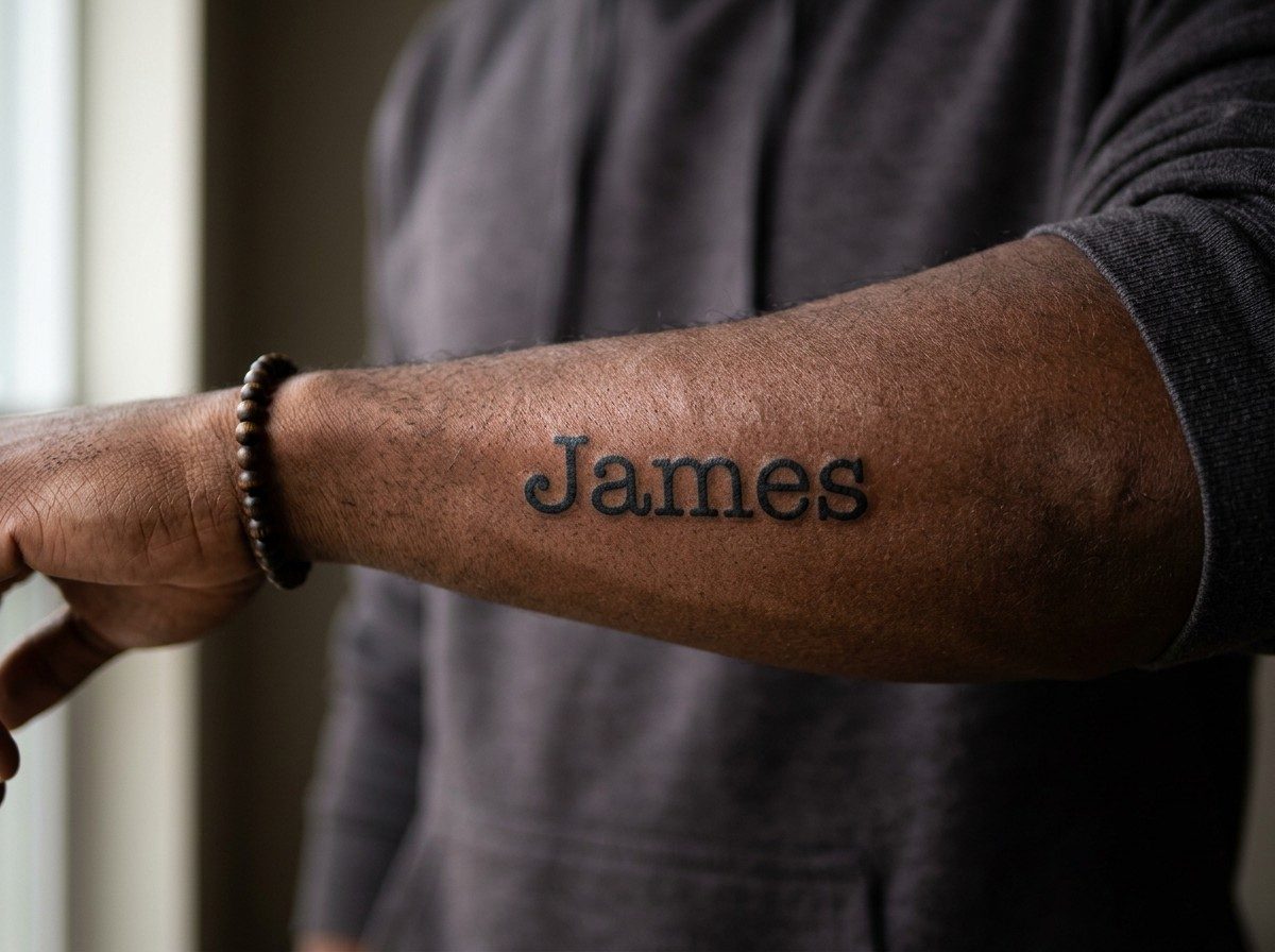 Name tattoo: typewriter font name on the outer forearm