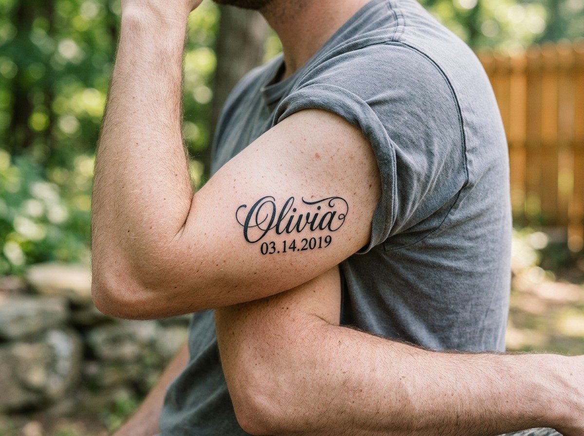 Name tattoo: name with birth date on the upper arm