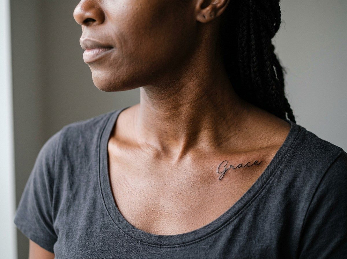 Name tattoo: name on the collarbone on the collarbone