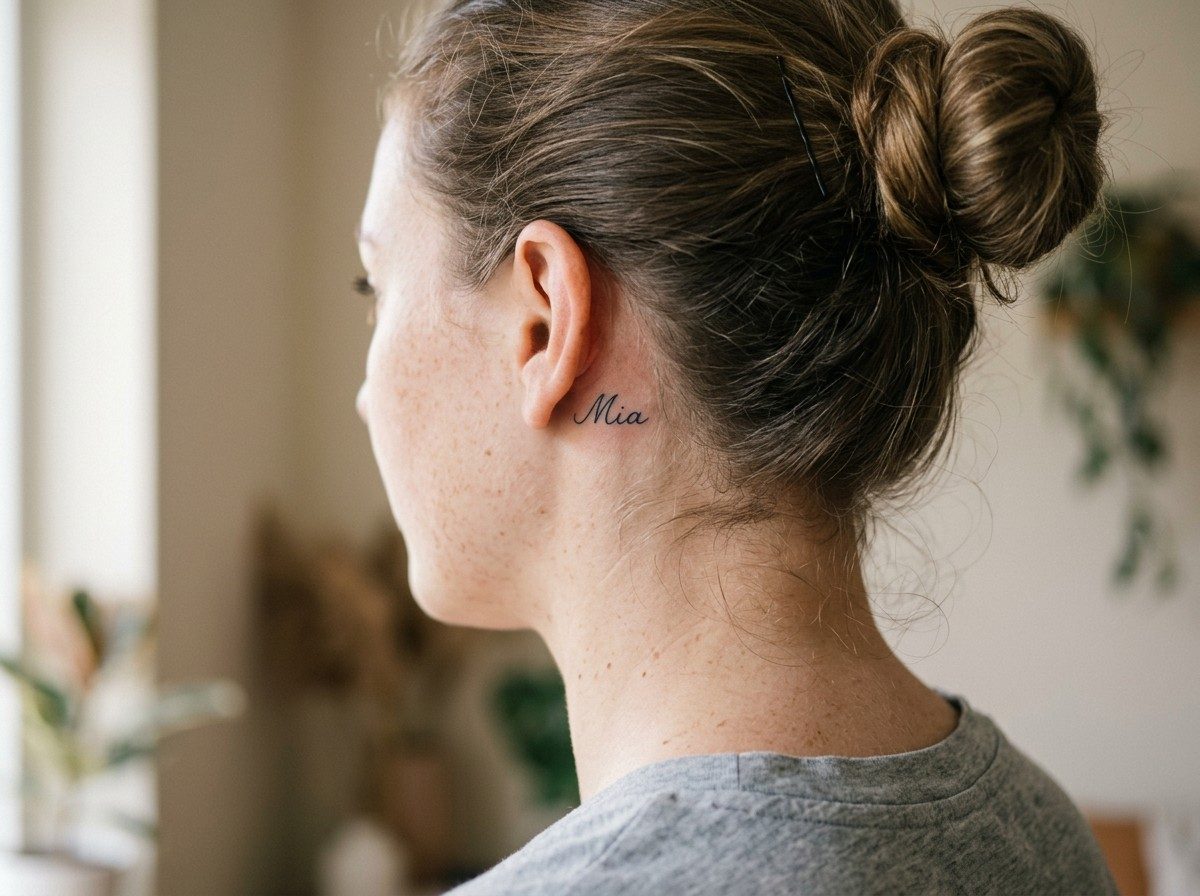 Name tattoo: tiny name behind the ear