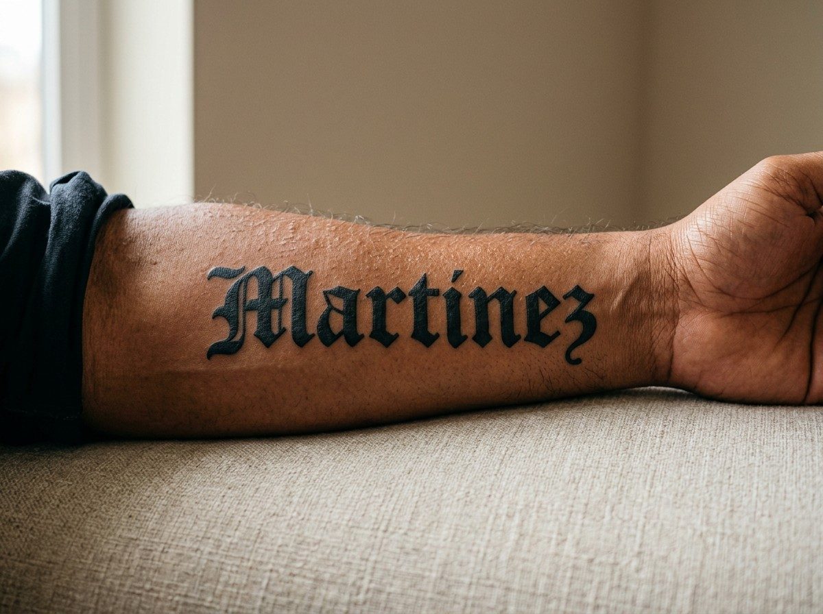 Name tattoo: old english name on the forearm