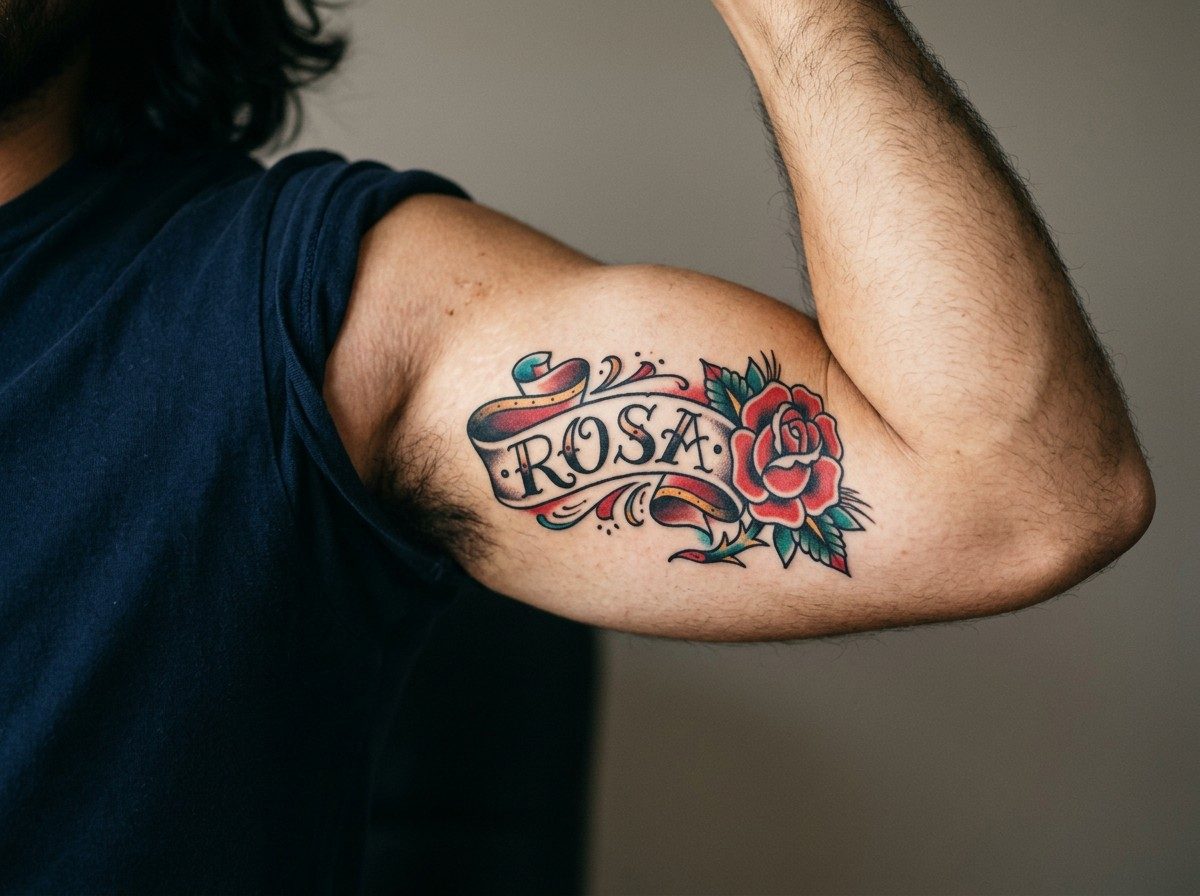 Name tattoo: name in a banner on the upper arm