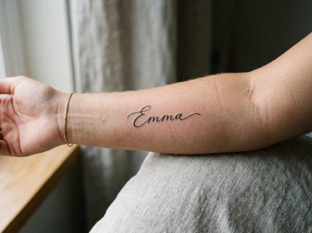 Name tattoo: cursive name Emma on the inner forearm