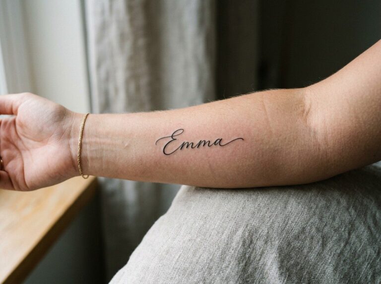 Name tattoo: cursive name Emma on the inner forearm