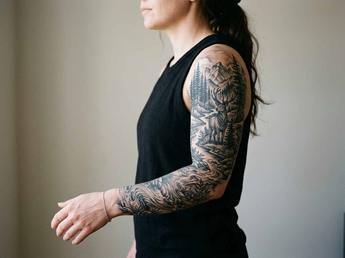 Nature sleeve tattoo with forest, mountains and a deer