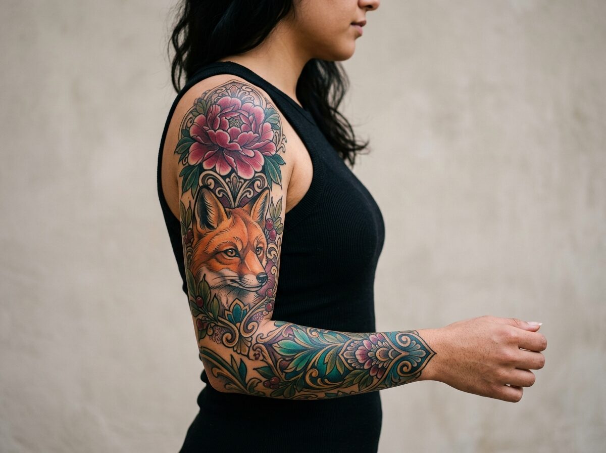 Neo traditional color sleeve tattoo with peony and fox