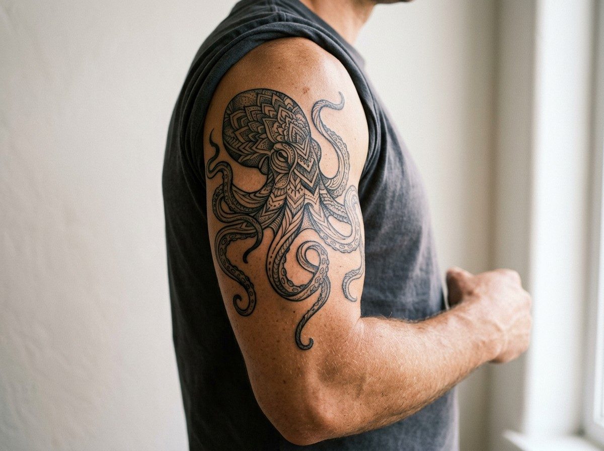 Octopus tattoo: geometric octopus on the upper arm