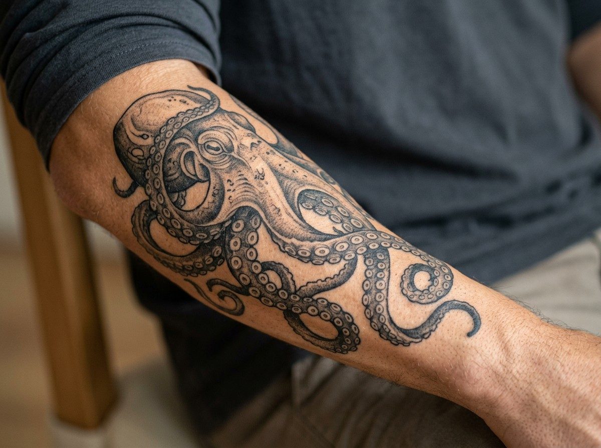 Octopus tattoo: realistic octopus on the forearm