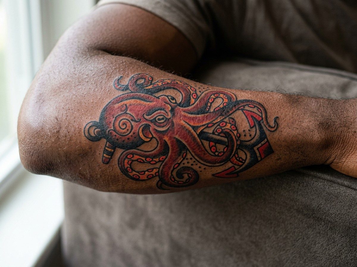 Octopus tattoo: traditional octopus on the outer forearm