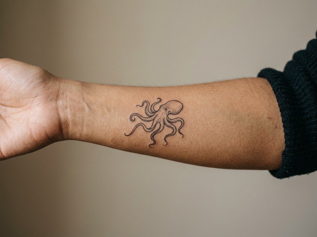Octopus tattoo: fine line octopus on the inner forearm