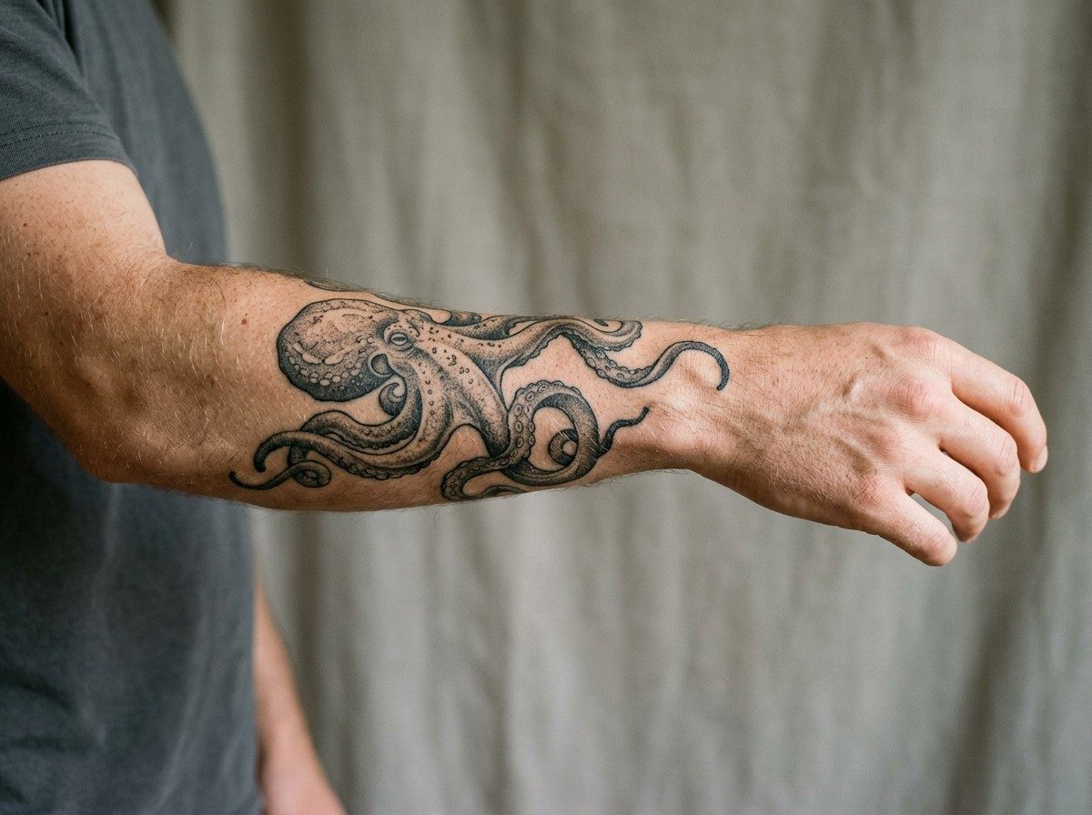 Octopus tattoo: octopus wrapping the arm on the forearm