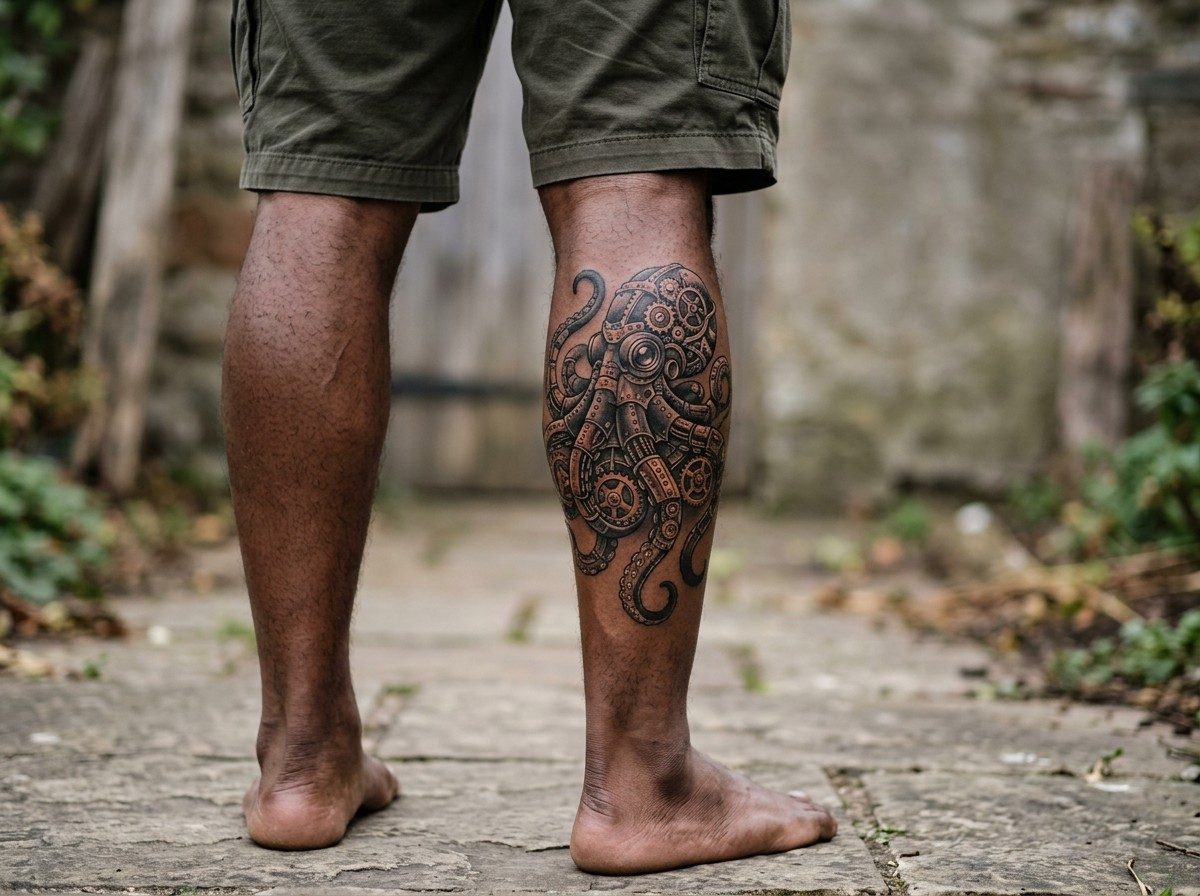 Octopus tattoo: steampunk octopus on the lower leg (human calf muscle)