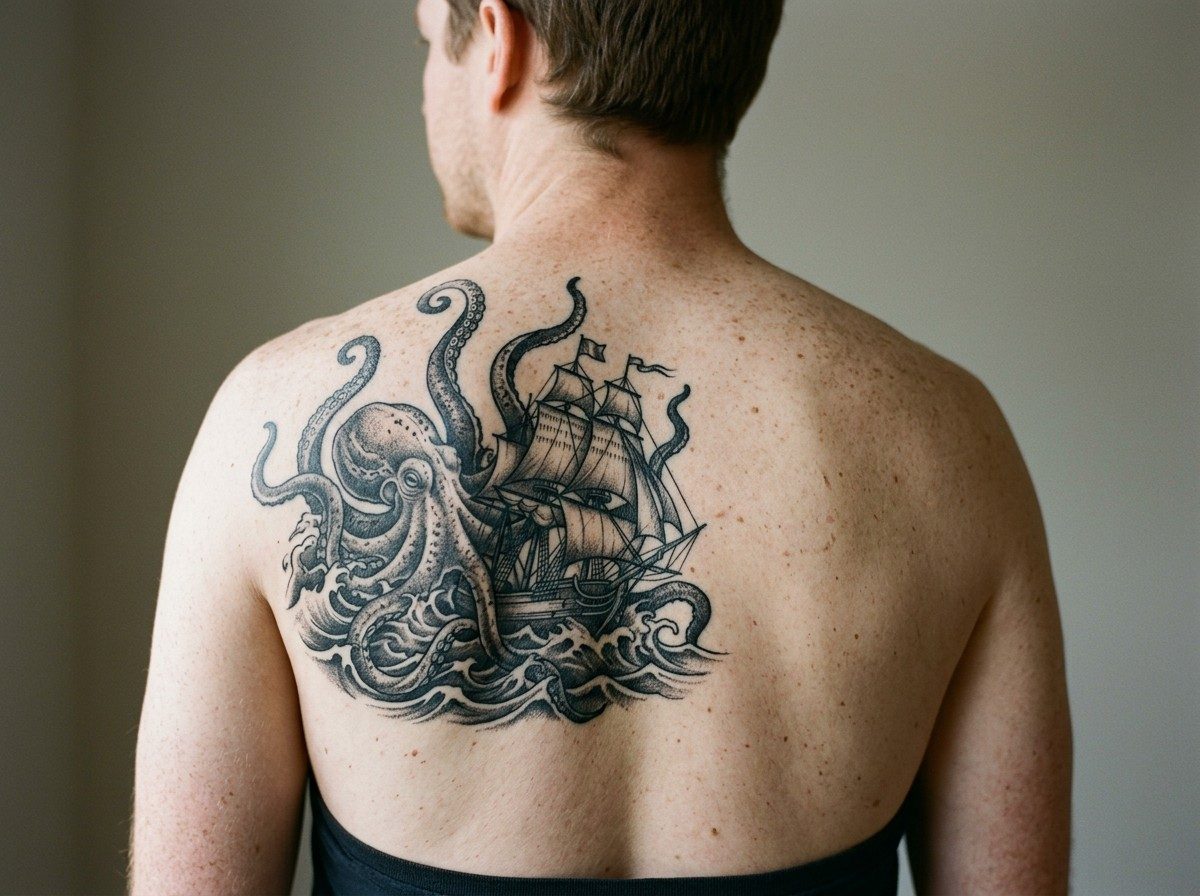 Octopus tattoo: octopus and ship on the upper back