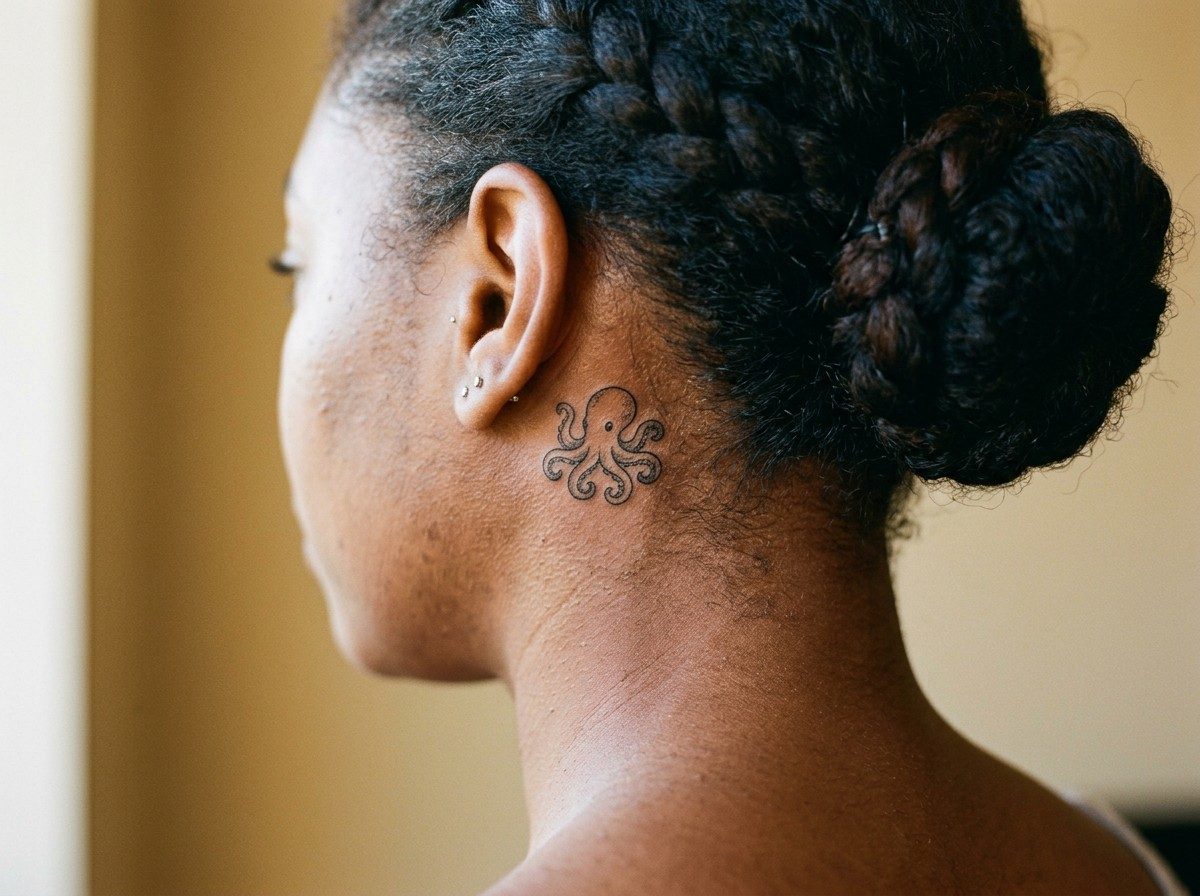 Octopus tattoo: tiny octopus behind the ear