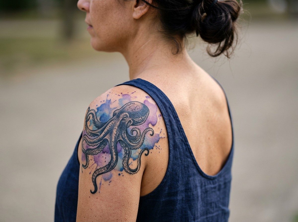 Octopus tattoo: watercolor octopus on the shoulder