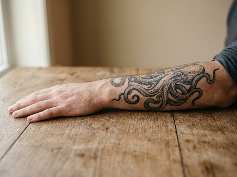 Octopus tattoo: black and grey octopus on the forearm