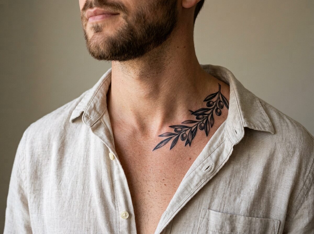 Olive branch collarbone tattoo on a man