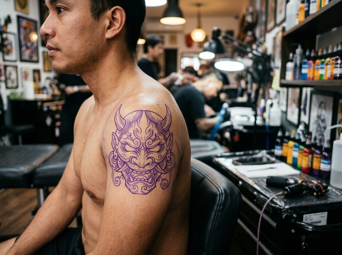 Oni mask tattoo stencil on a man's shoulder