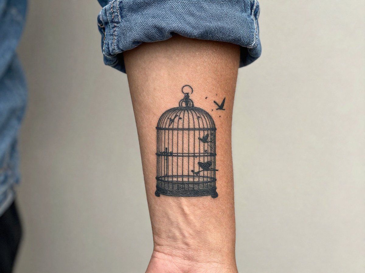 Open birdcage with small birds flying free out of it tattoo on the outer forearm