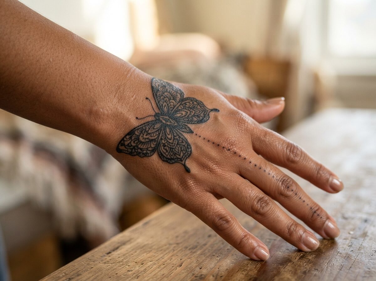Ornamental butterfly hand tattoo inspired by henna designs