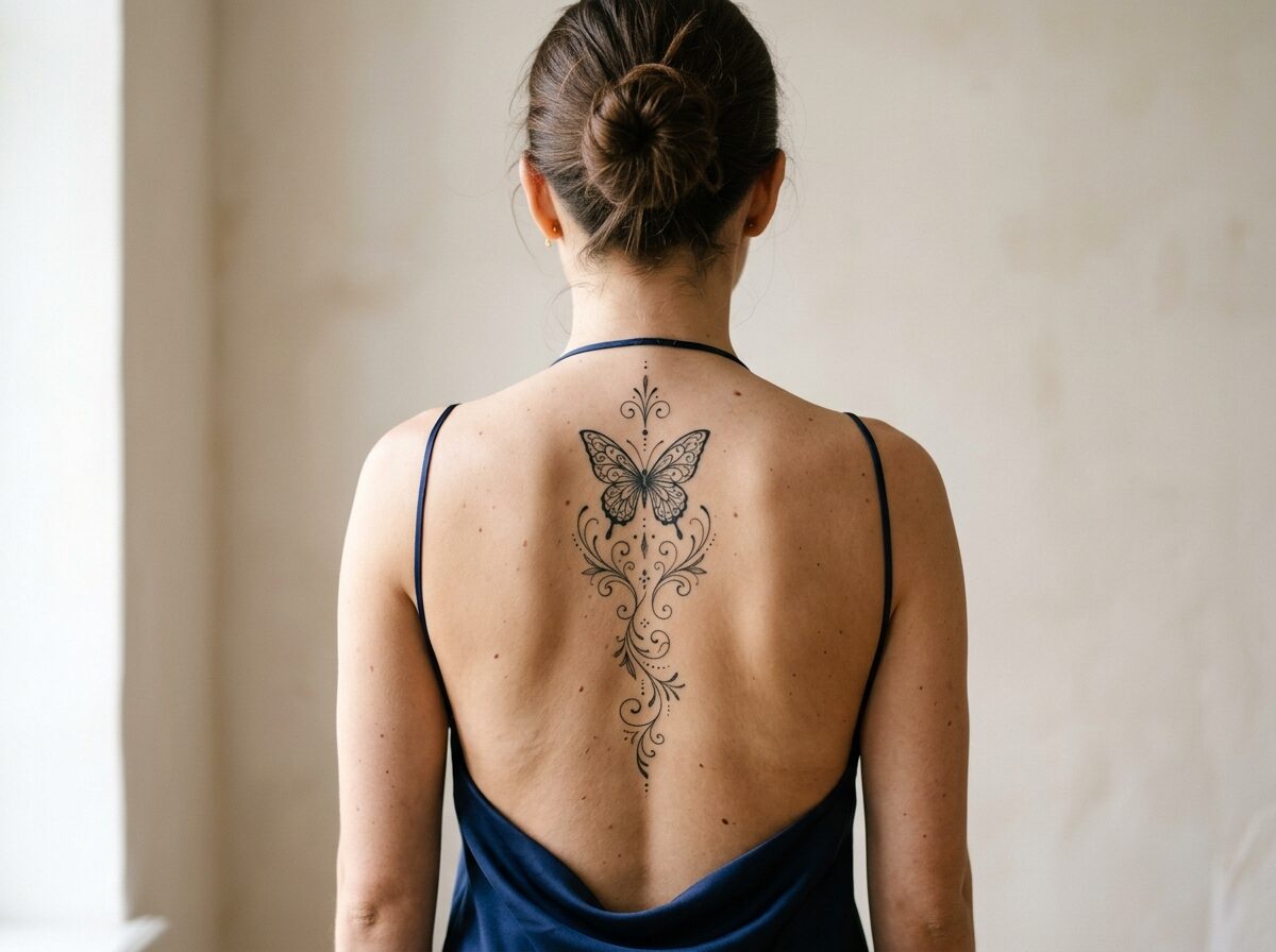 Ornamental butterfly spine tattoo with filigree