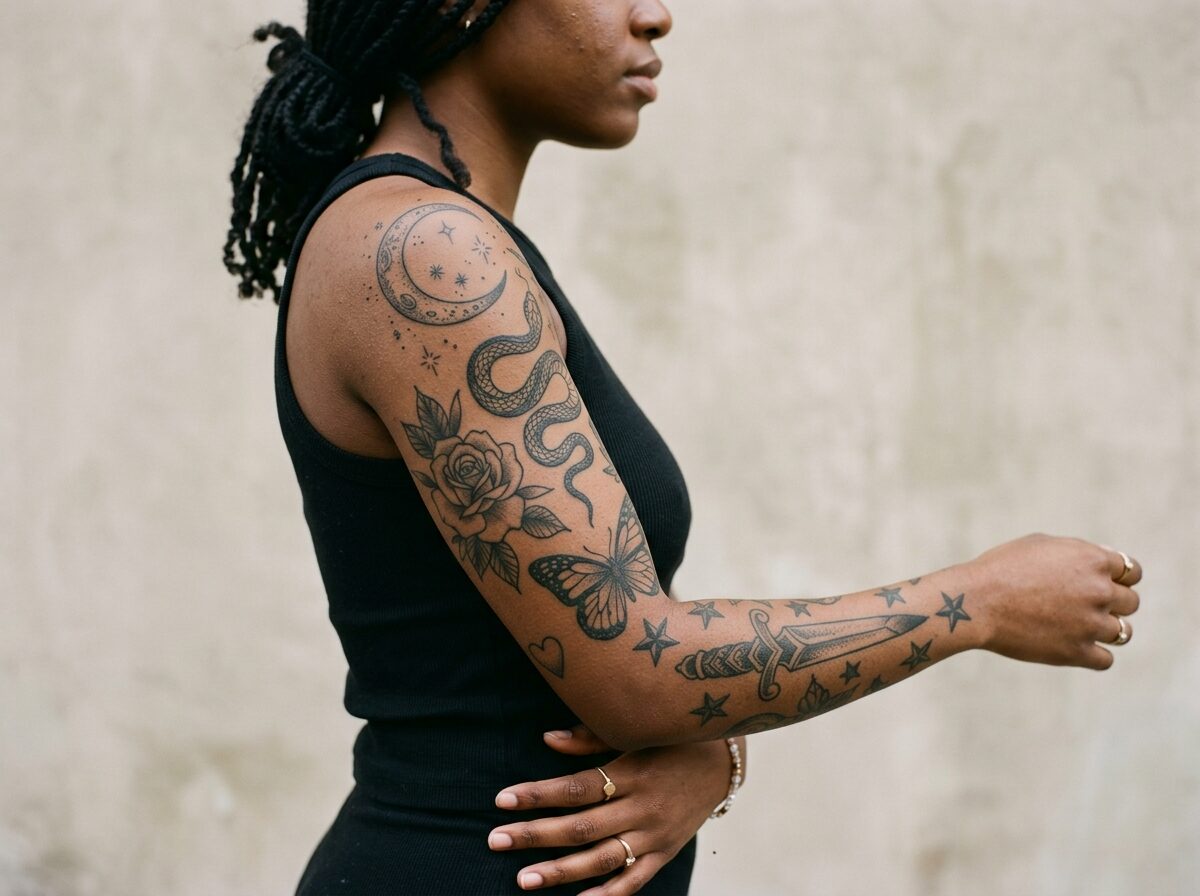 Patchwork sleeve tattoo for women with small separate designs