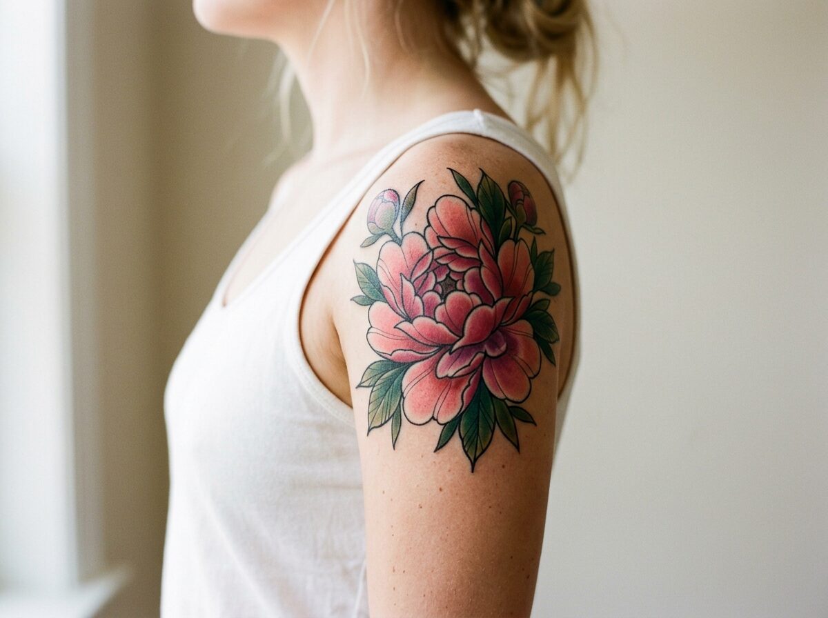 Neo traditional peony tattoo on the shoulder