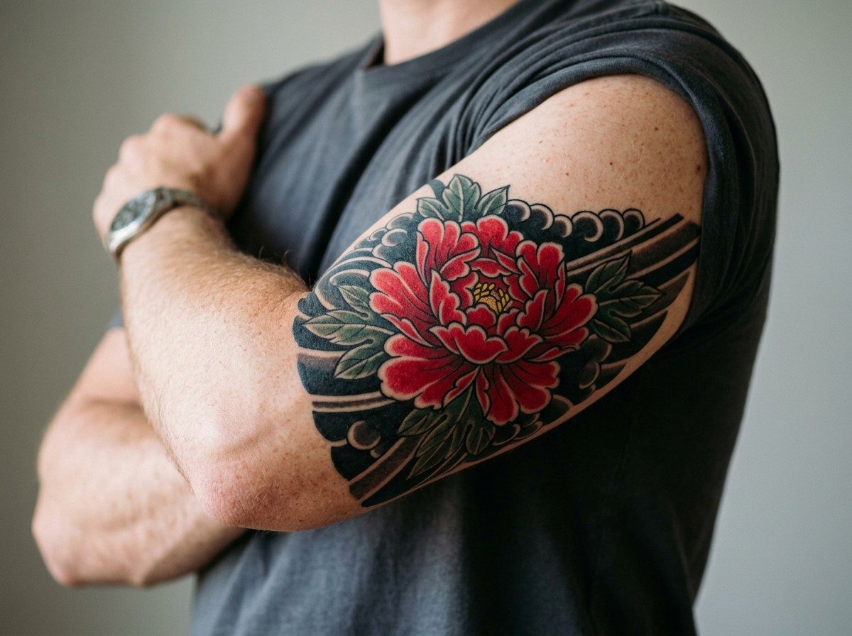 Peony tattoo: japanese peony on the upper arm