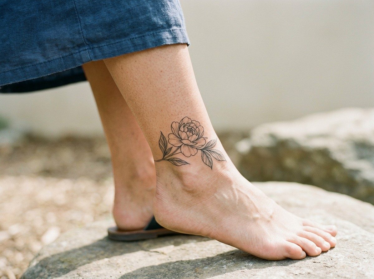 Peony tattoo: peony on the ankle on the ankle