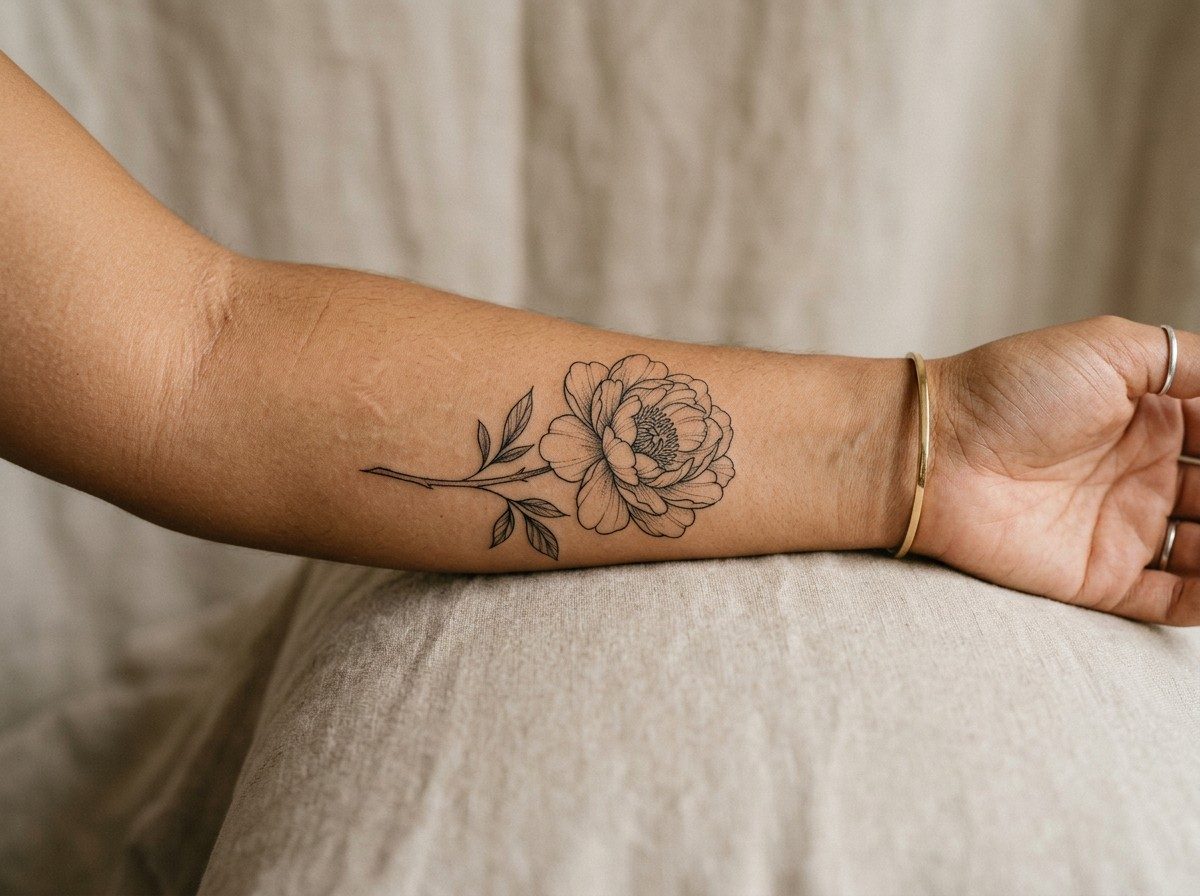 Peony tattoo: fine line peony on the inner forearm