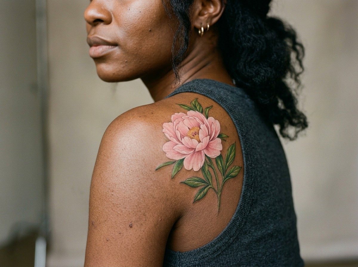 Peony tattoo: pink peony on the shoulder